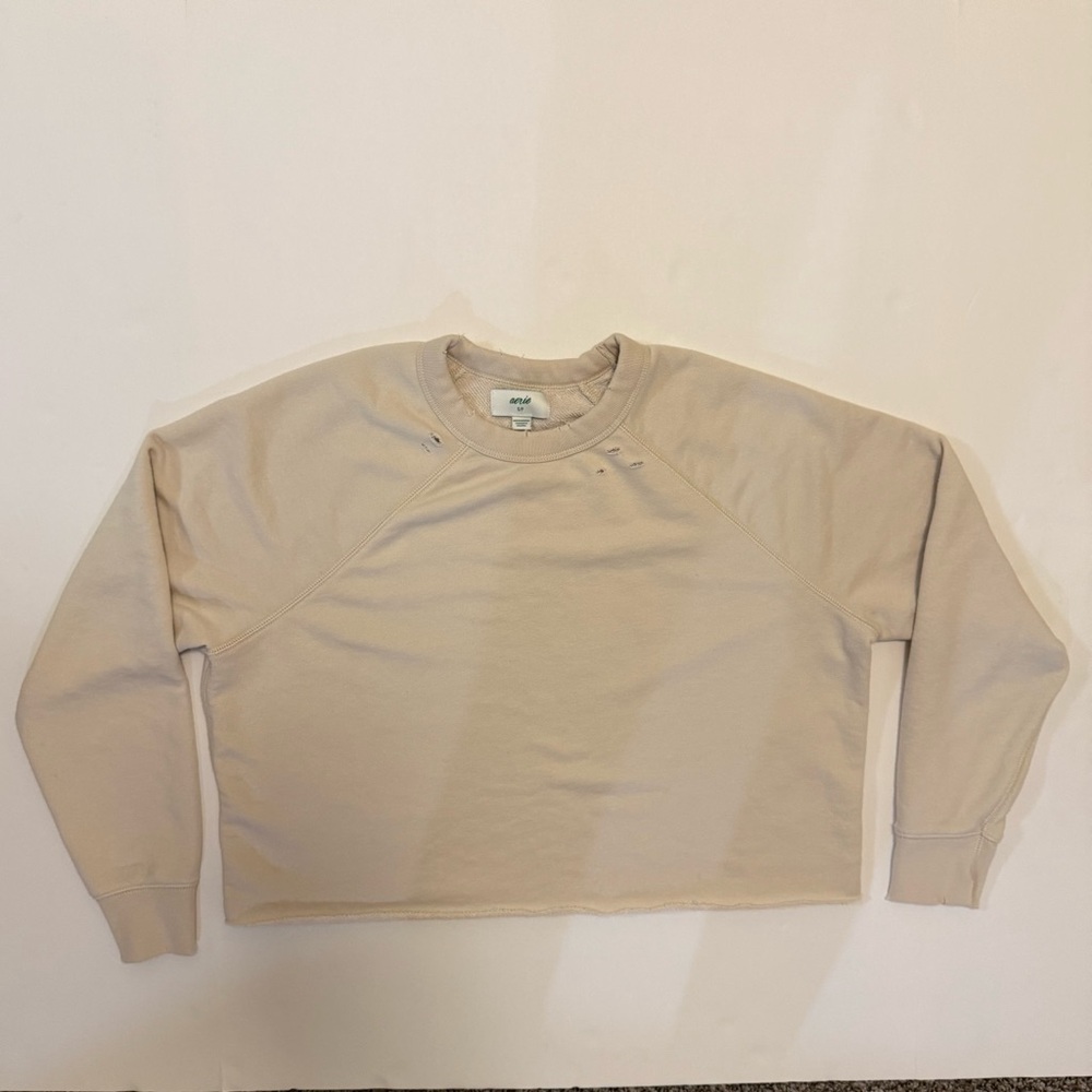 Aerie cropped distressed oversized crewneck sweatshirt cream small